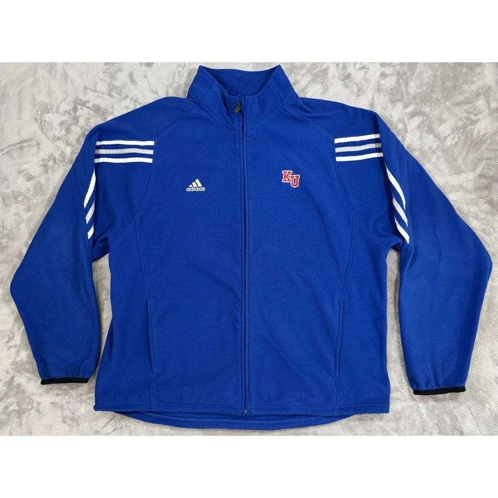 Kansas Jayhawks Adidas Jacket Mens XL Blue Fleece Full Zip Sleeve Pocket KU‎
